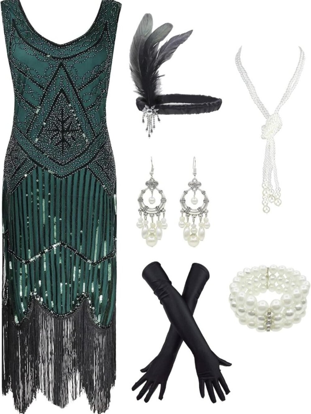 1920s Sequin Flapper Dress with Fringed Hem & Vintage Accessories Set